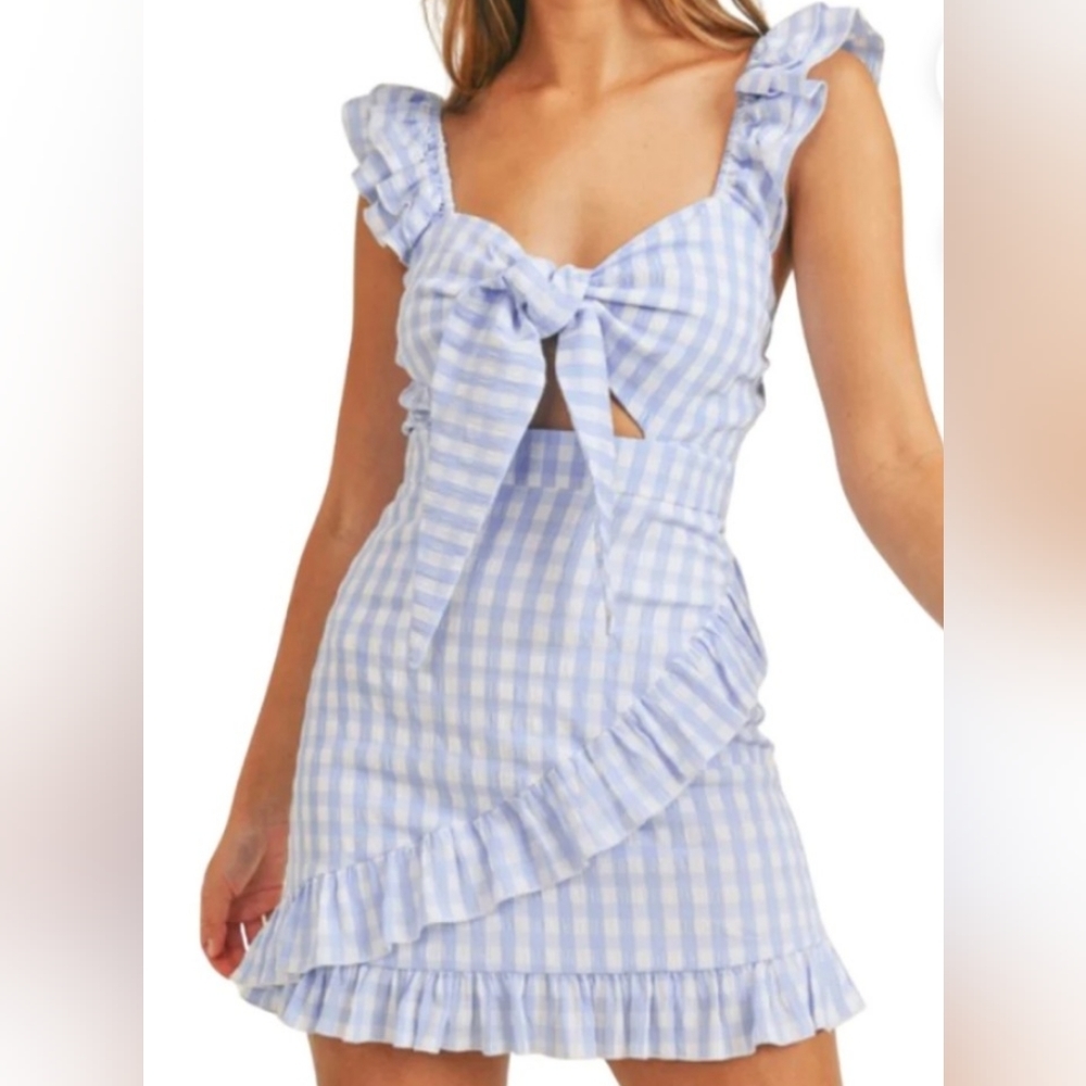 VOGE Boutique Blue & White Gingham Ruffle Mini Dress Sz.M NWOT